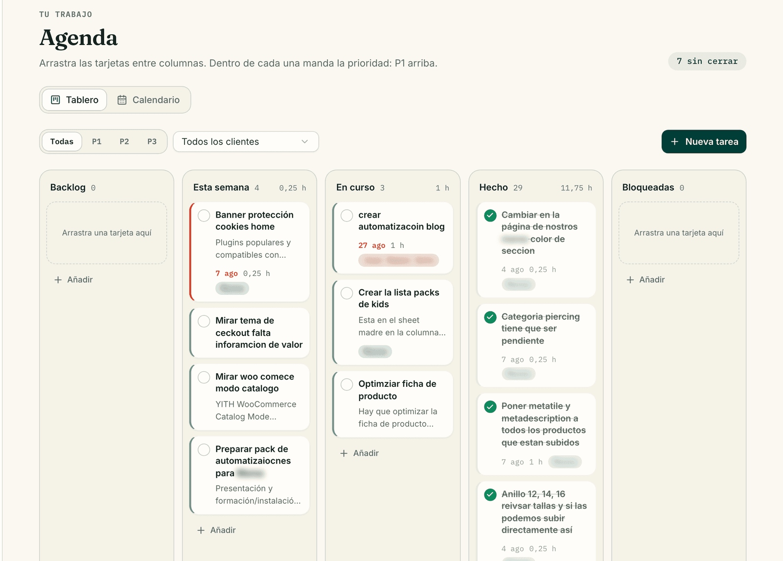 Tablero de tareas por cliente en SEOscar OS