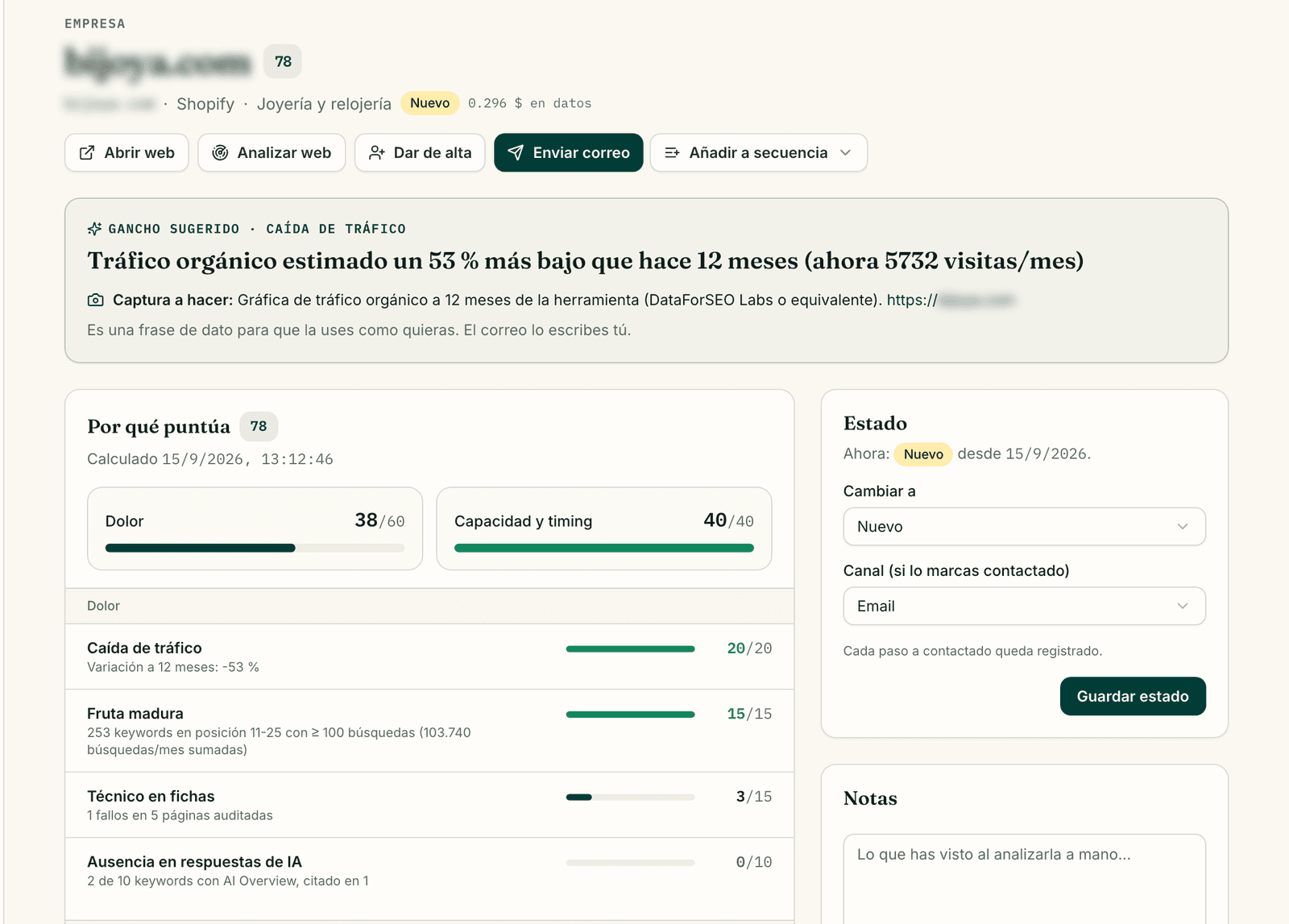 Ficha real de una empresa en SEOscar OS: puntuación, gancho sugerido, por qué puntúa, estado y notas