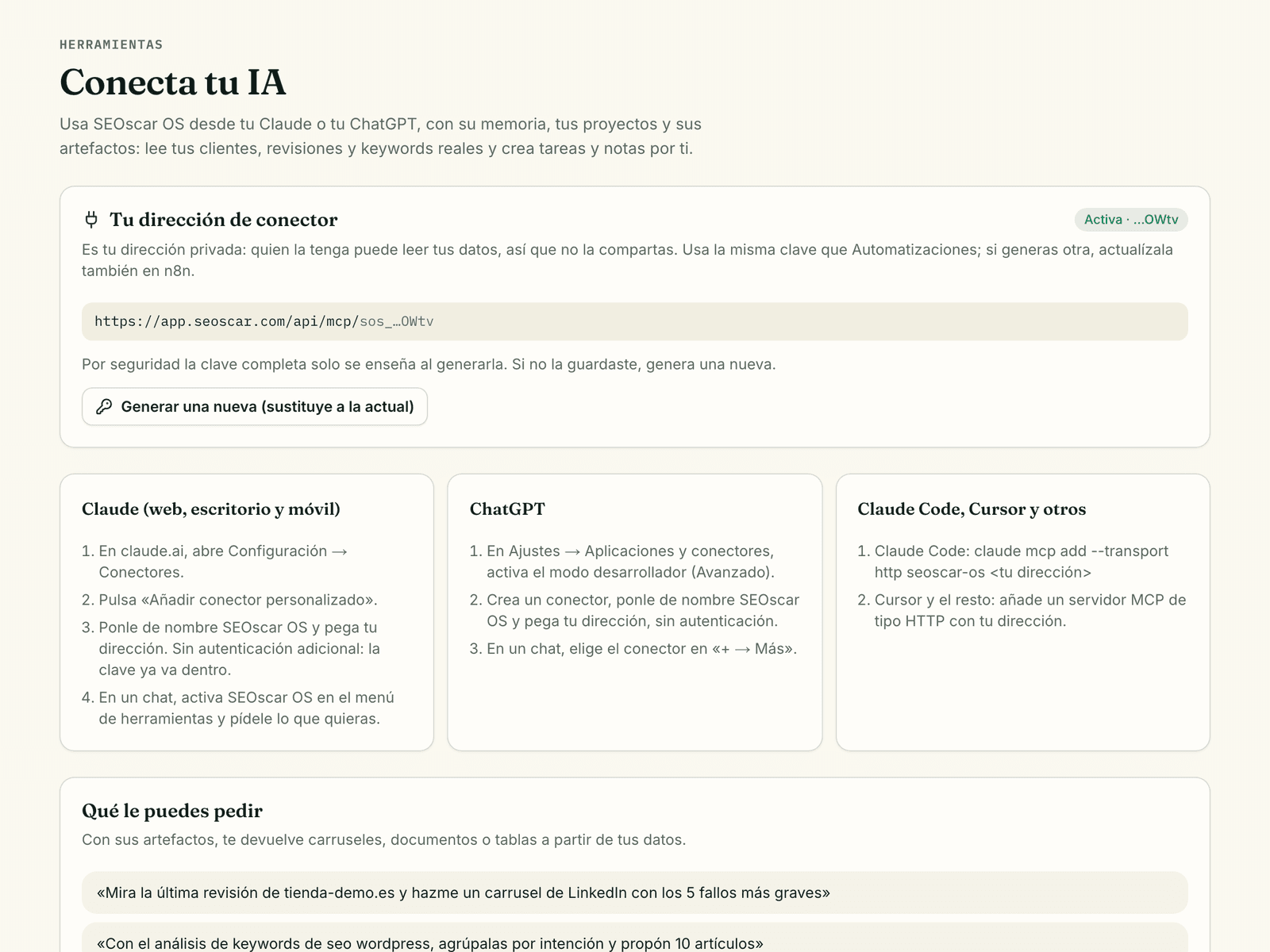 Página Conecta tu IA de SEOscar OS con la dirección del conector y cómo añadirlo a Claude y ChatGPT