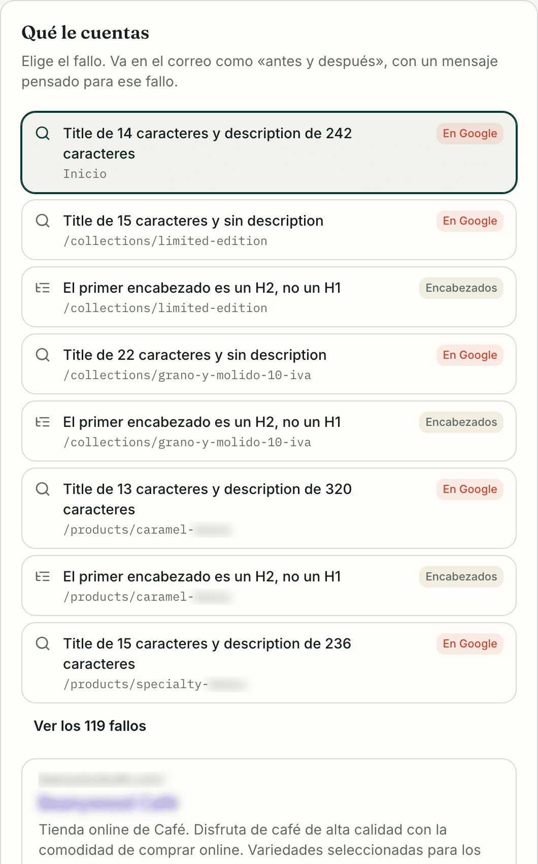 Pantalla de preparar correo en SEOscar OS con los fallos de la web para elegir