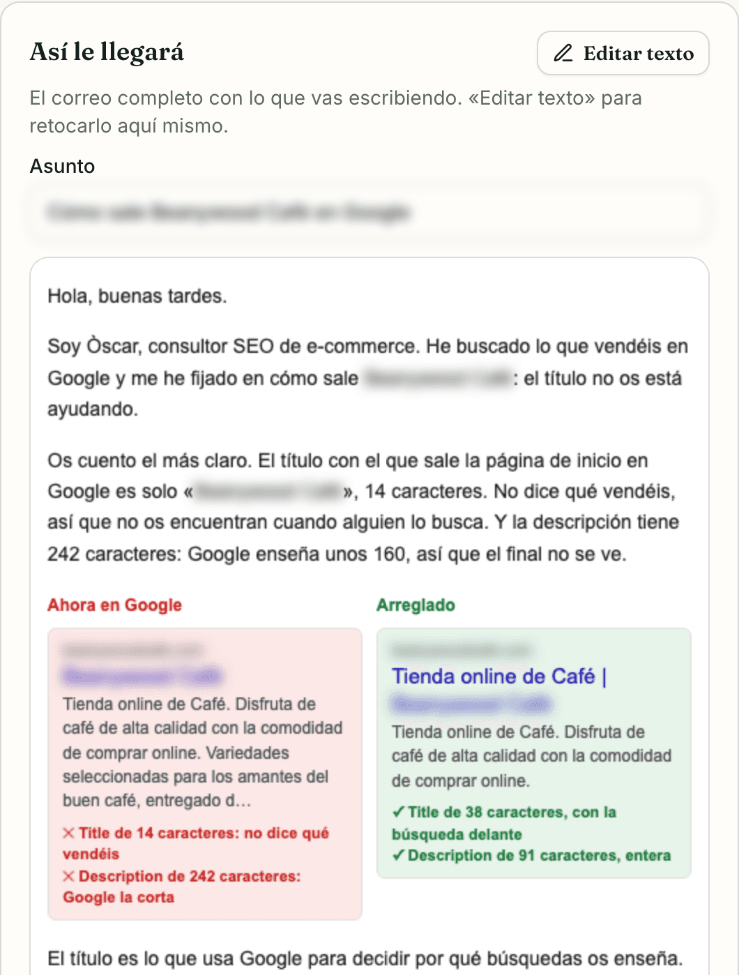 Correo real preparado en SEOscar OS con el resultado de Google ahora y arreglado