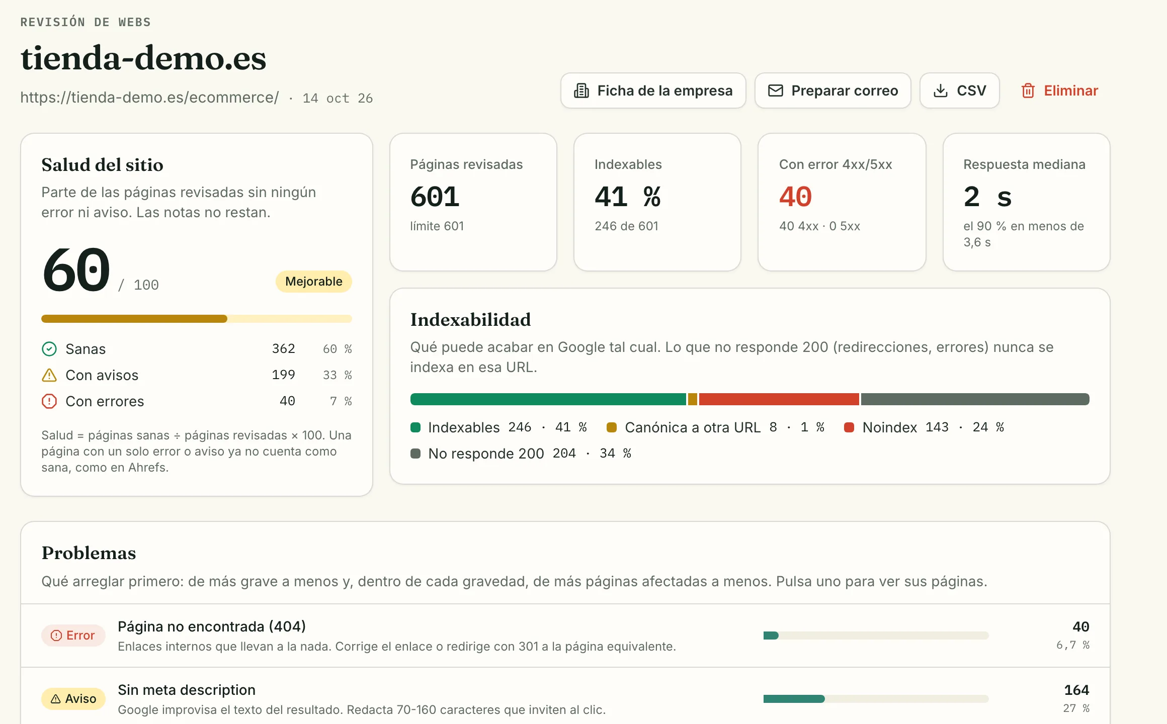 Revisión de webs en SEOscar OS: salud del sitio, indexabilidad y problemas ordenados por gravedad