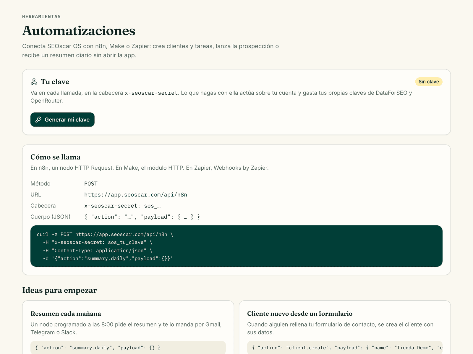 Página de automatizaciones de SEOscar OS con la clave, cómo llamar a la API y las acciones disponibles